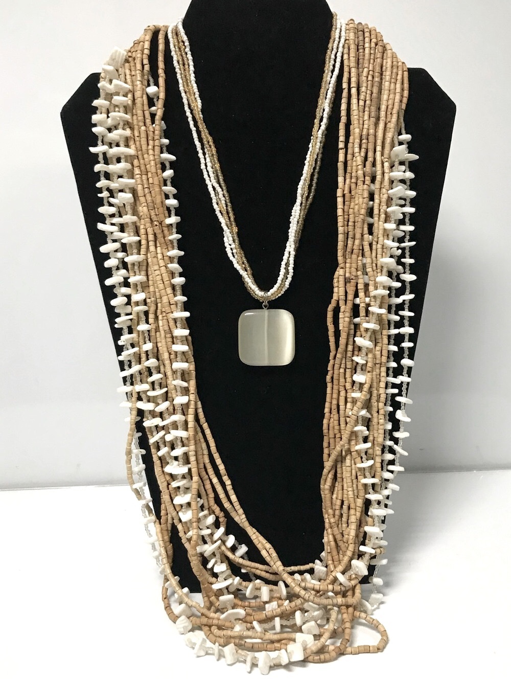 2 Multi-Strand Beige and White Beaded Necklaces
